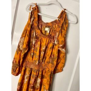 Anthropologie Floral Print Smocked Maxi Dress Orange‎ Brown Bohemian Resort